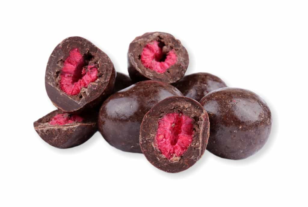 Lyofilizované maliny v horkej čokoláde (mrazom sušené)