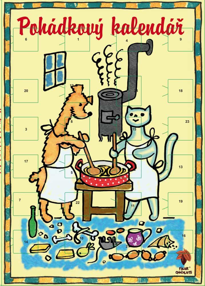 Fikar Rozprávkový kalendár A4 s knihou Rozprávanie o psíčkovi a mačičke s čokoládou 50g
